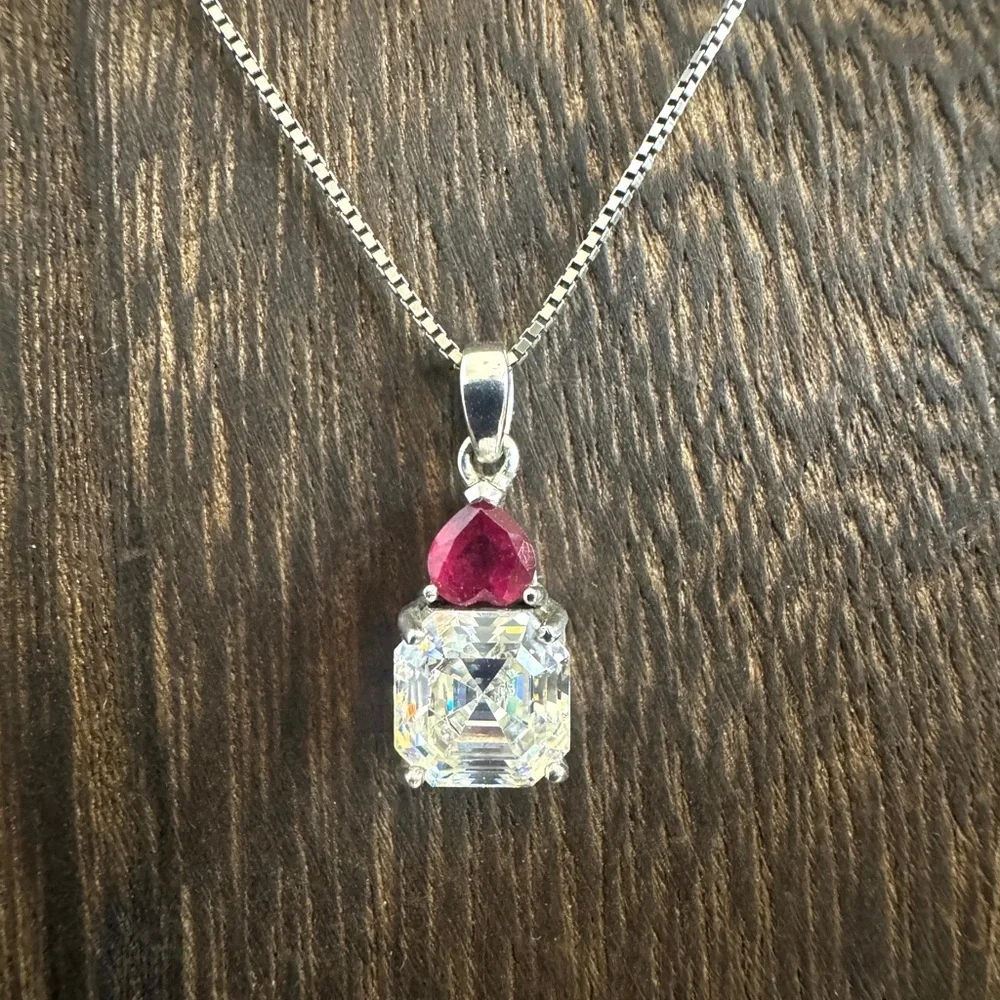 Vintage BBJ Strontium Titanate & Ruby Rhodium Over Sterling Pendant Necklace